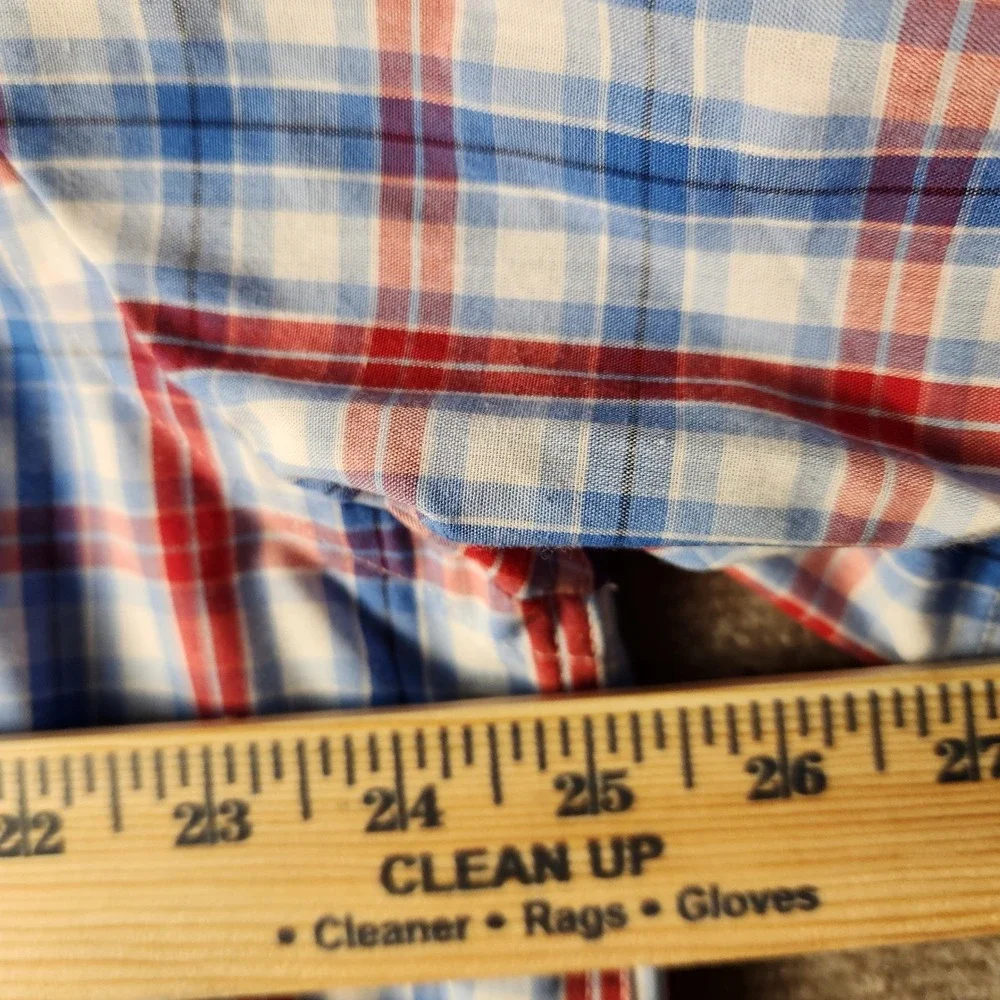 Saddlebred Button Down Shirt Mens LT Blue Red Plaid Short Sleeve Classic Fit